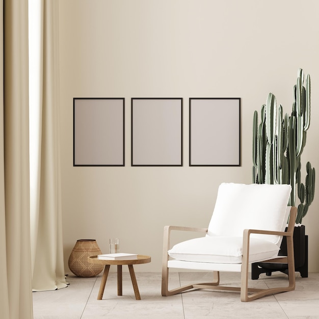 Three poster frames mock up in boho style interior background with white armchair and coffee table near window beige wall 3d render