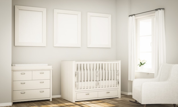 Three poster mockup on baby room wall