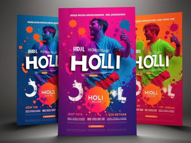 Foto tre poster per una festa di holi con un uomo in camicia verde