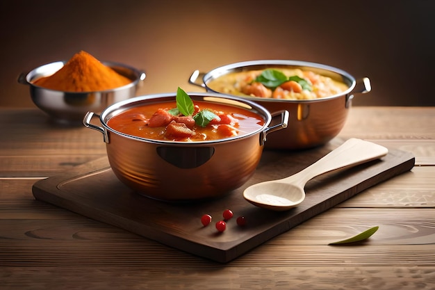 Three pots of curry with one that says'curry'on it