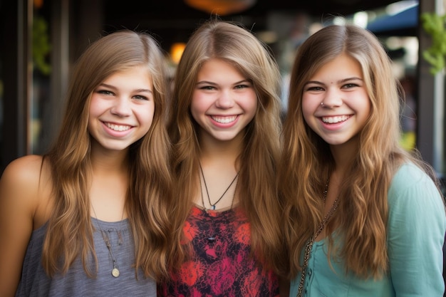 Photo three pretty young female teens smiling happily with their dates