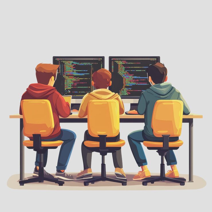 Photo three programmers focusing on coding in a modern office environment with computer screens displaying colorful lines of code and digital interfaces