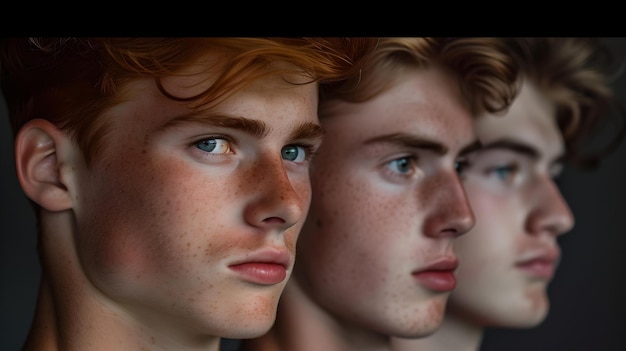 젊은 남성 디지털 초상화 연구의 세 가지 진보적 인 표현, 강렬한 시선과 감정은 AI를 포착했습니다.