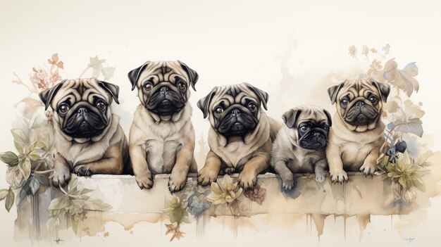 three pug dogs are sitting on a ledge with flowers generative ai