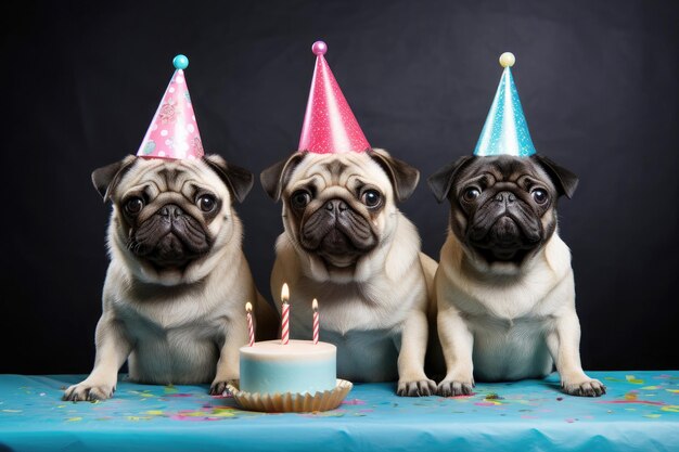 Three pug dogs in party hats with cake with candles