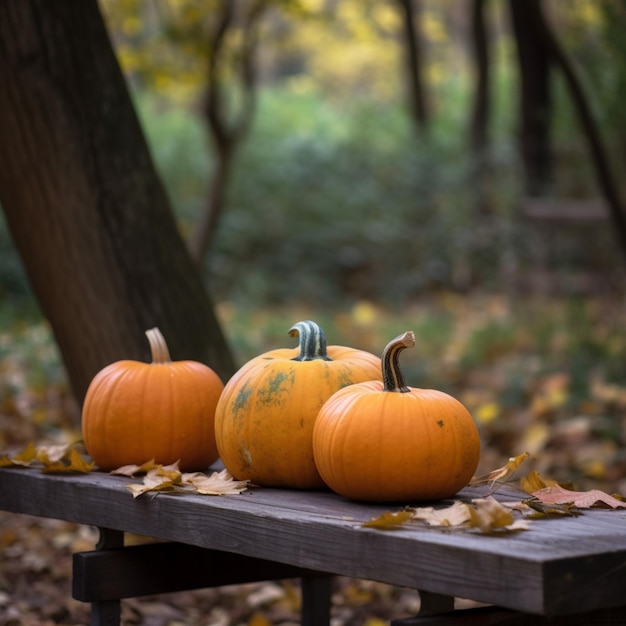 Three pumpkins on a bench in the woods