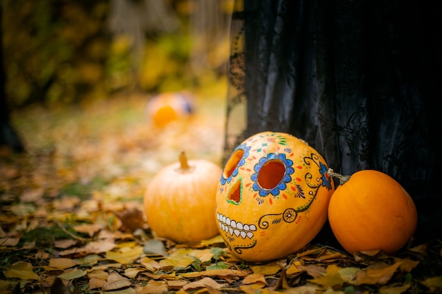 ハロウィーンのために飾られた3つのカボチャは黄色の葉の上にあります。ハロウィンセールの背景。