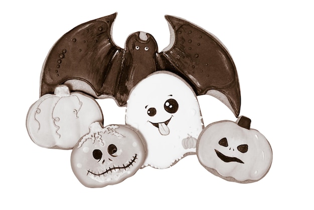 Three pumpkins a ghost and a bat are gingerbread cookies for Halloween Happy Halloween