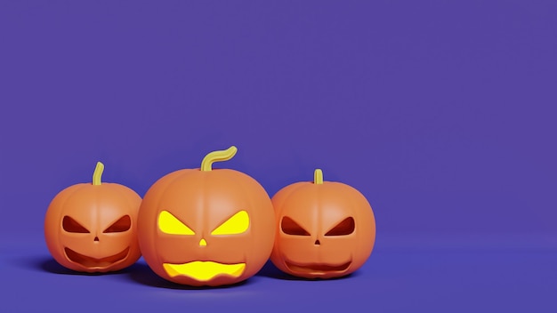 Photo three pumpkins for halloween. 3d illustration