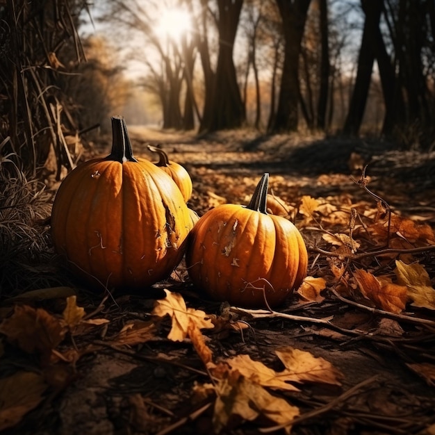 Three pumpkins sit in a forrest