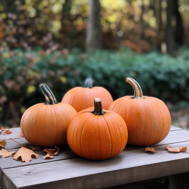 Three pumpkins sit on a wooden table in front of a forest.