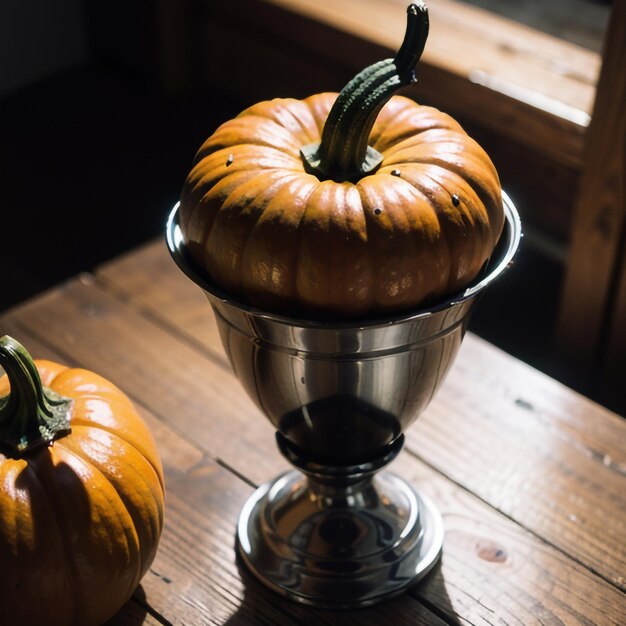 three pumpkins sit on a wooden table one of which has a glass of wine in it