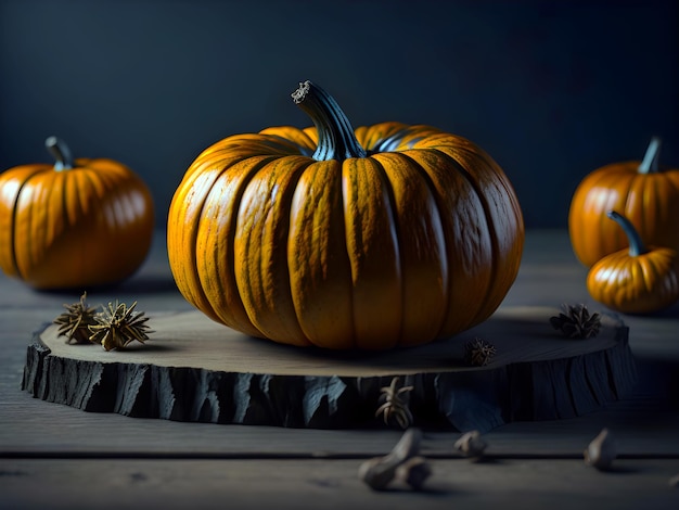 Three pumpkins on a table with a dark background