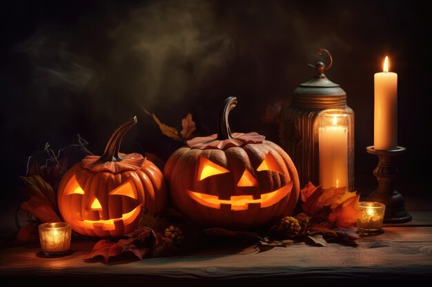 Three pumpkins on a table with a lantern in the background