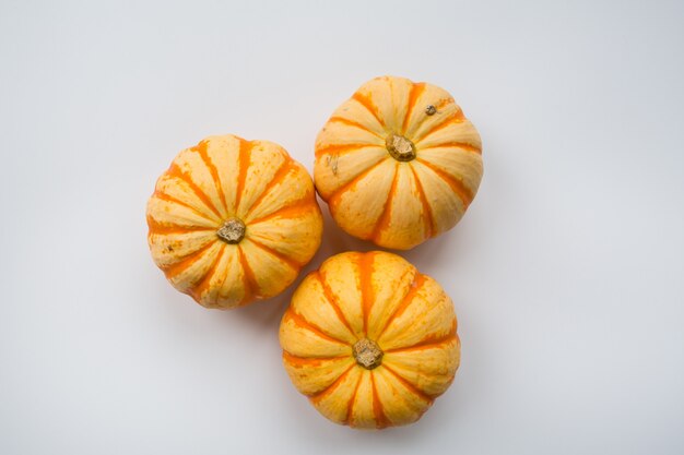 Three pumpkins on white background