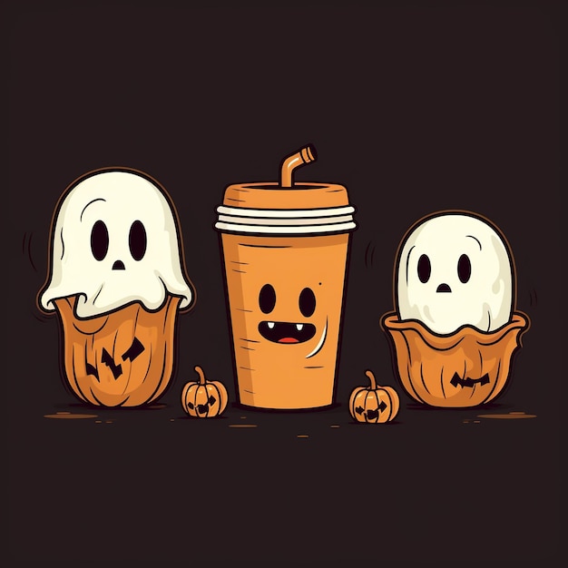 three pumpkins with faces and a cup of coffee.