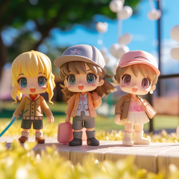 Photo three puppets standing on grass in summer season