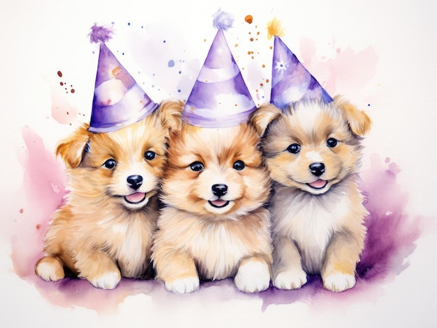 three puppies wearing hats with one wearing a party hat