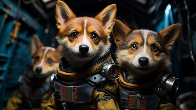 Three puppies in yellow astronaut costumes