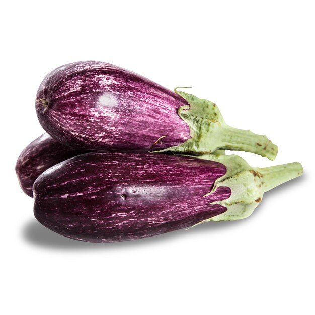 Photo three purple eggplant are shown on a white background.