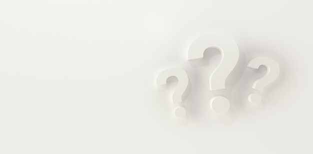 Photo three question marks in panoramic white studio background. 3d rendering.