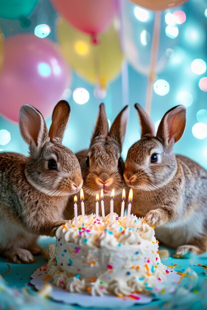 Three rabbits are gathered around birthday cake with lit candles