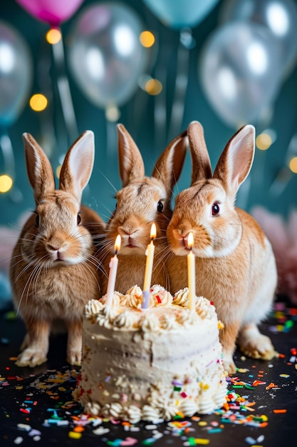 Three rabbits are standing in front of birthday cake with lit candles