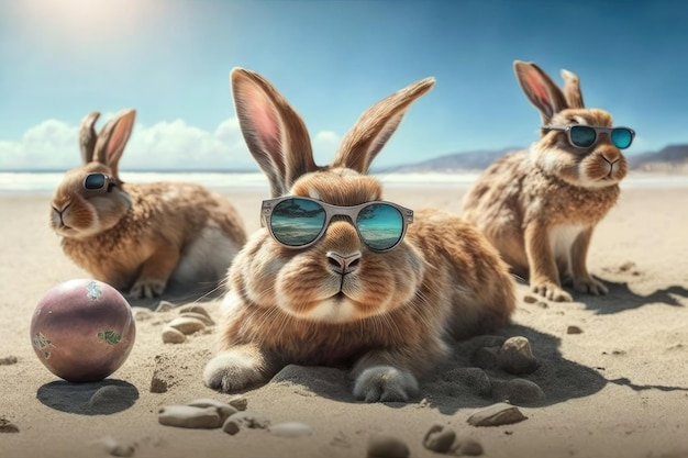 Three rabbits on the beach with sunglasses and a ball