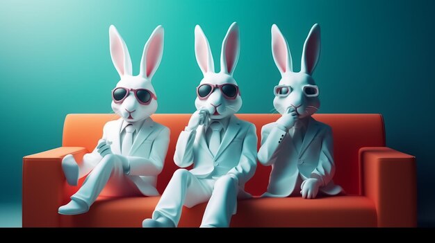 Photo three rabbits on a couch with sunglasses on their heads