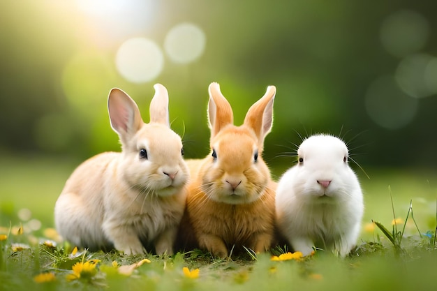 Three rabbits in a field with yellow flowers