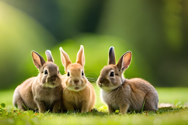 Three rabbits on a green grass