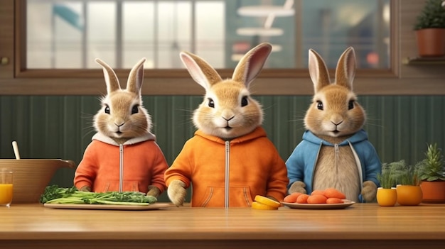 Three rabbits in a restaurant with a plate of vegetables