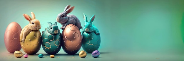 토끼 세 마리가 부활절 달걀 옆에 앉아 있습니다.