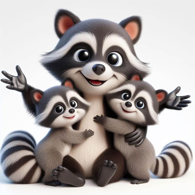 three raccoons are holding their mother and the other two are holding their babies