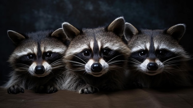 Three raccoons are laying on a bed with a dark background.