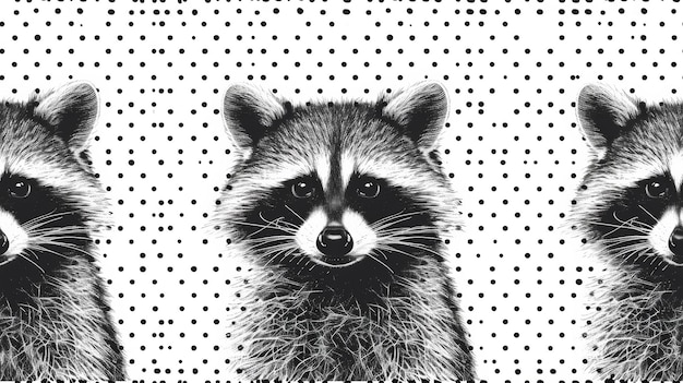 Three raccoons are shown in black and white on a polka dot background ai