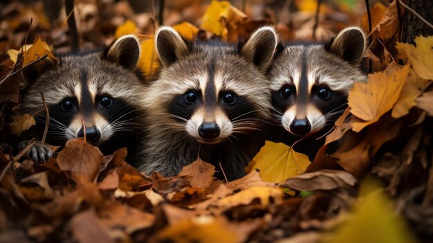 Three raccoons peeking mischievously from a pile of autumn leaves