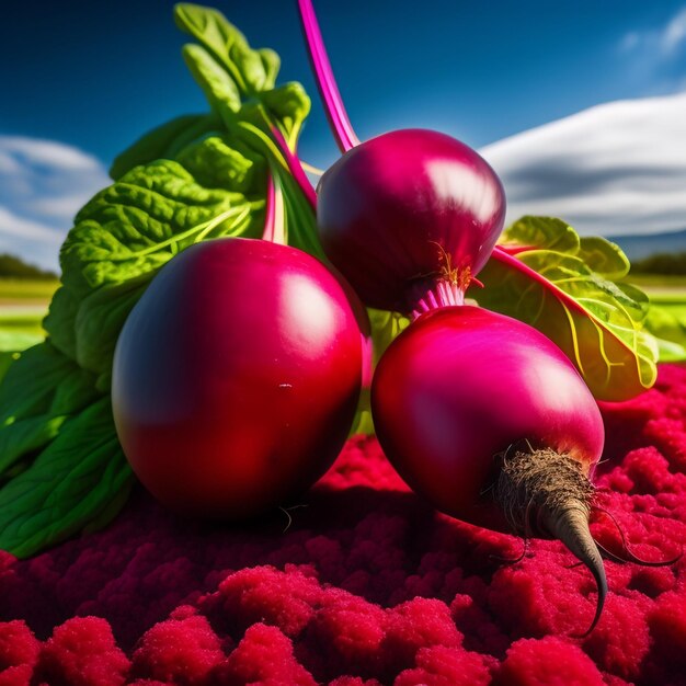 Three radishes are on a red blanket with a green leaf.