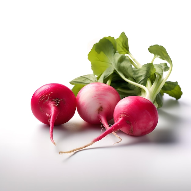 Three radishes with green leaves