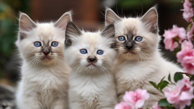 Three ragdoll cats sit in front of a pink flower