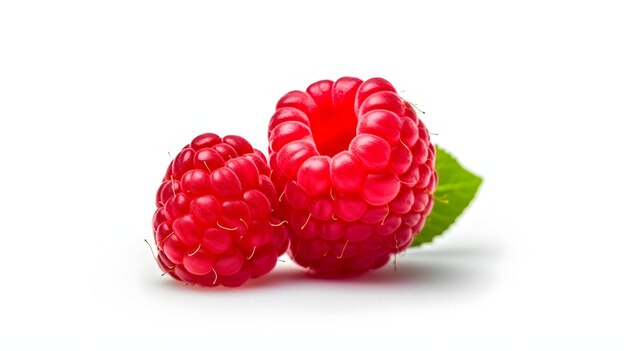 three raspberries with leaves on a white surface Generative AI