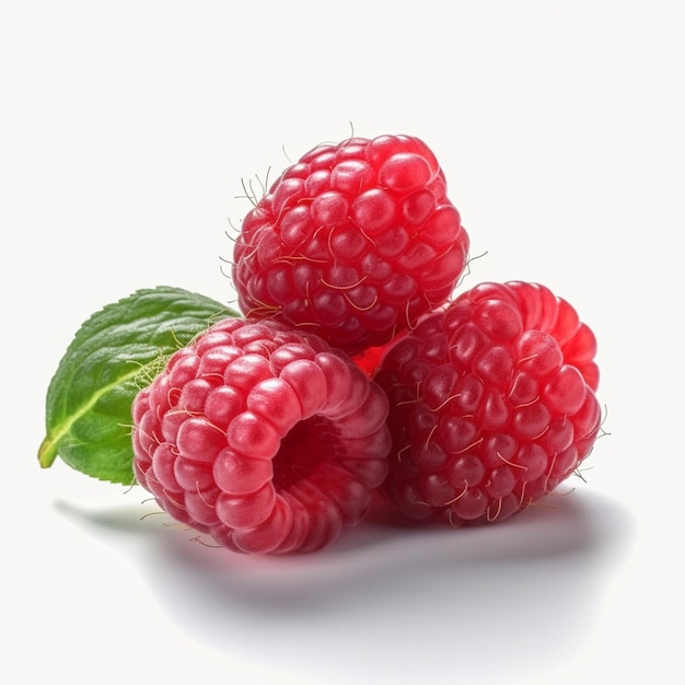 Three raspberries with leaves on a white surface generative ai