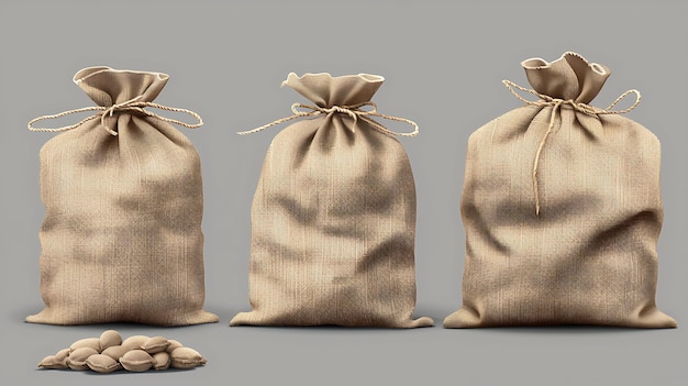 Photo three realistic looking burlap sacks with a drawstring at the top the sacks are empty and untied they are standing upright next to each other