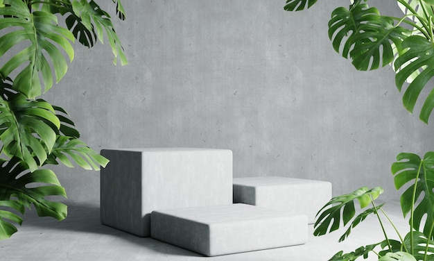 Three rectangle podiums in grey loft color background with Monstera plant foreground Abstract wallpaper template element and architecture interior object concept3D illustration rendering