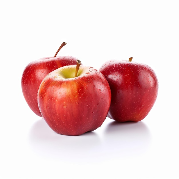 Three red apples are on a white background