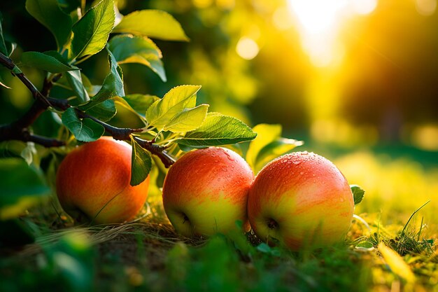 Photo three red apples on the grass closeup in an orchard sunset