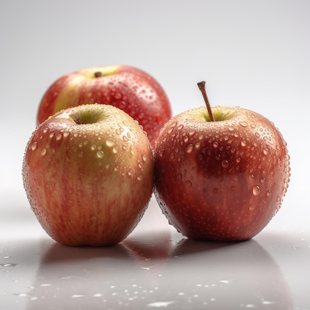 Three red apples with water droplets on them.