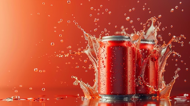 Photo three red cans of coca cola are shown with water splashing around them