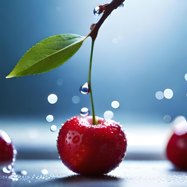 Three red cherries with a white stick in the middle of them.