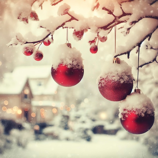 Foto tre palle rosse di natale nella neve